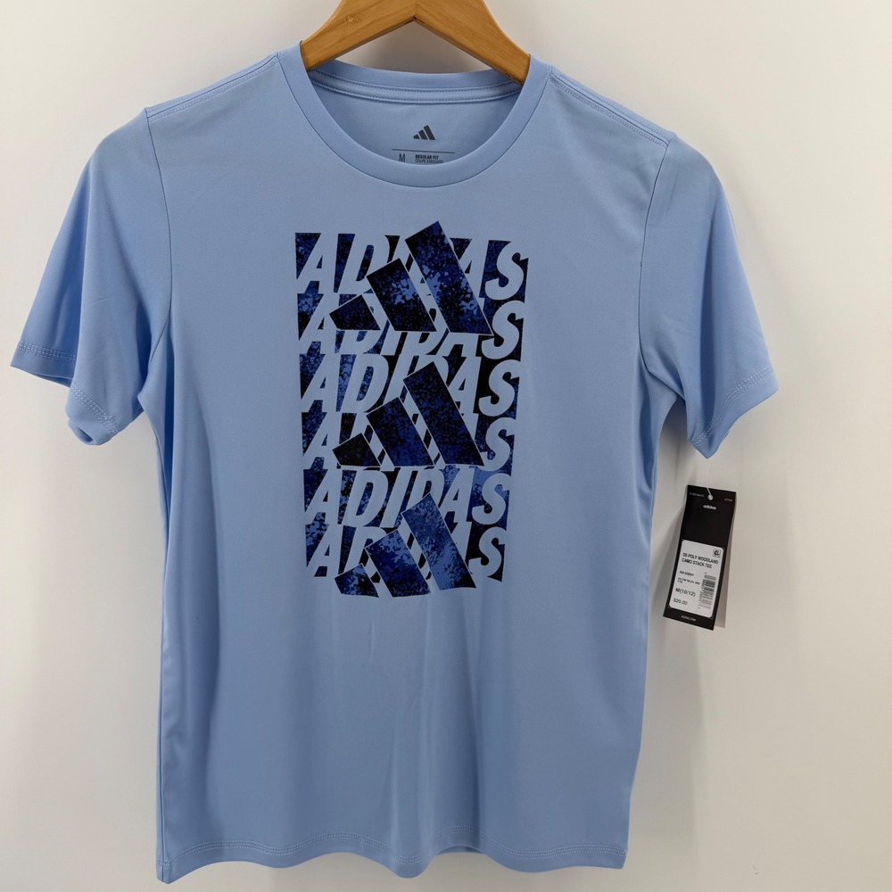 Adidas Kids Youth M Regular Fit SS Poly‎ Woodland Camo Stack Tee Glow Blue